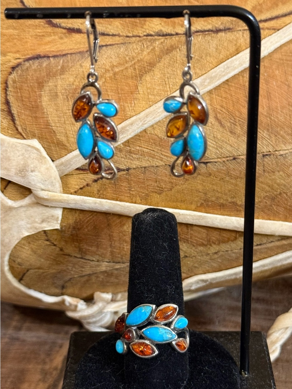 Turquoise and Amber Leaf Cluster Ring and Earrings Set